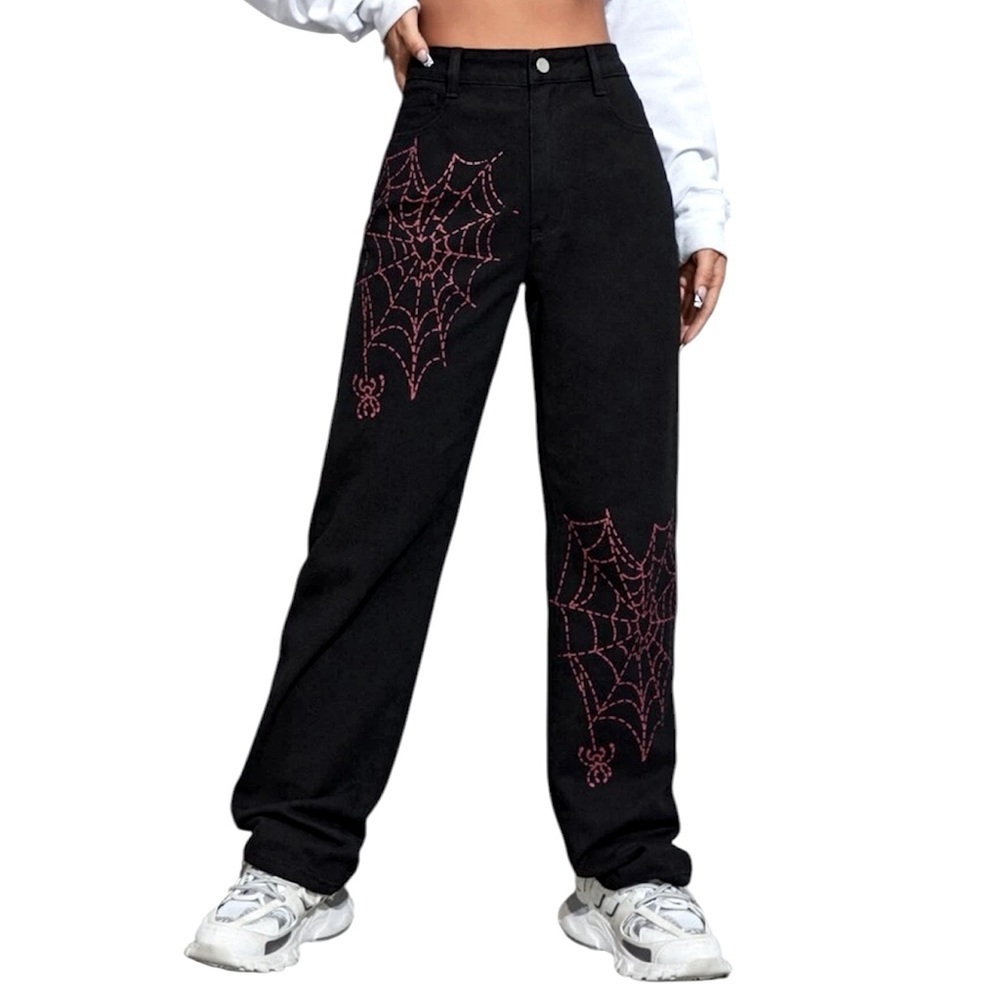 SHEIN Black Jeans with Pink Web Design